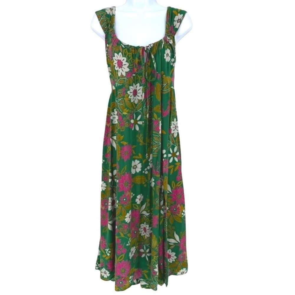 Angie Womens Green Floral Dress Scoop Neck Twist Back Size M Hippie Festival
